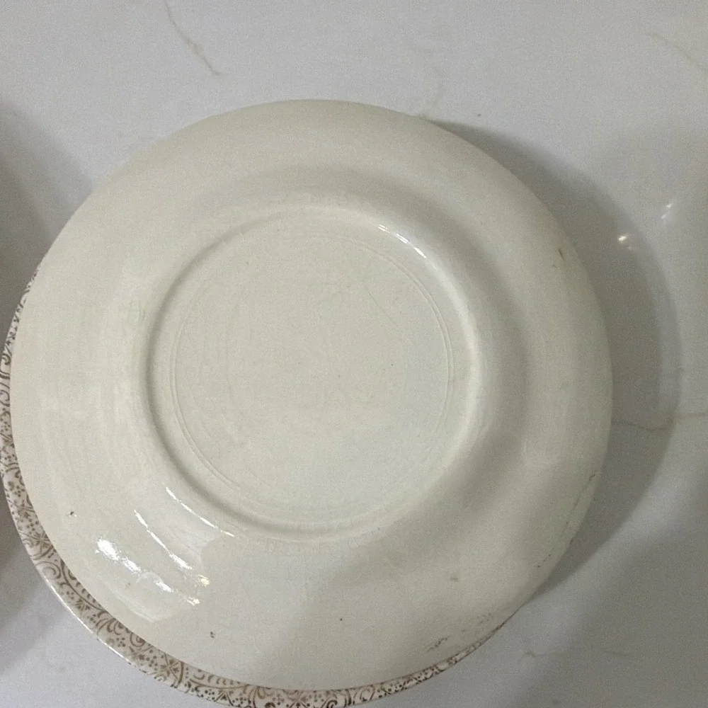 Ivory & Gold Floral Scroll Rim Round Ceramic Glossy set (see pics for quantity)